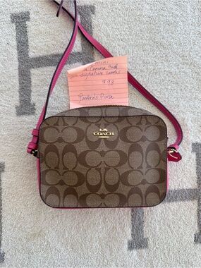 Coach Brown Signature Canvas Crossbody with Pink Trim